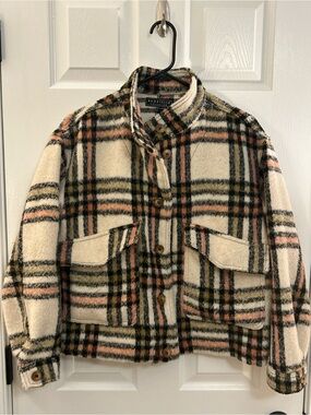 bagatelle Cream and Pink Plaid Wool-Blend Utility Jacket